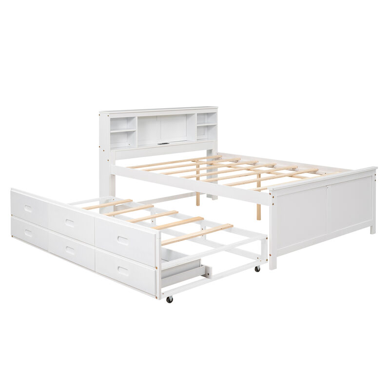 Whisen Platform Bed with Storage Headboard, USB, Twin Size Trundle and 3 Drawers image number 8