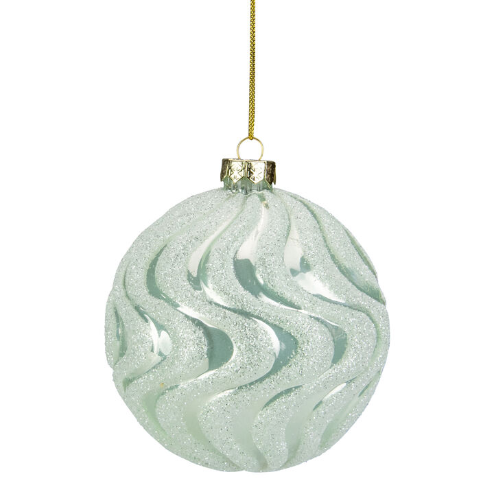 4" Green Glittered Swirled Glass Christmas Ball Ornament