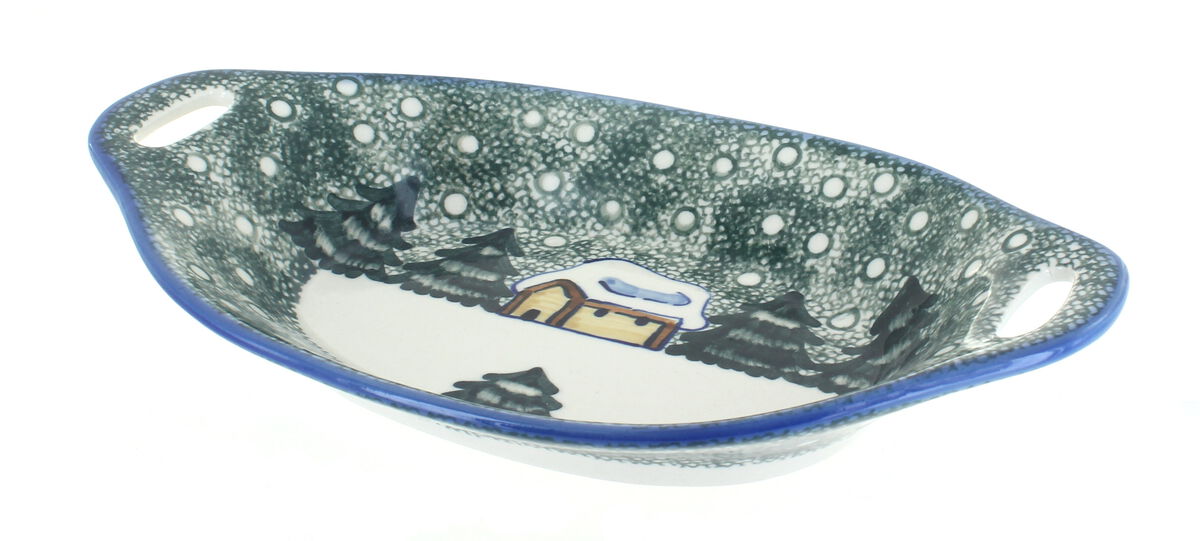 Blue Rose Polish Pottery Pansies Oval Dish with Handles