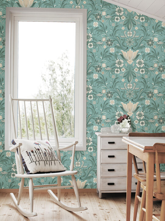 Ostanskar Turquoise Retro Floral Wallpaper