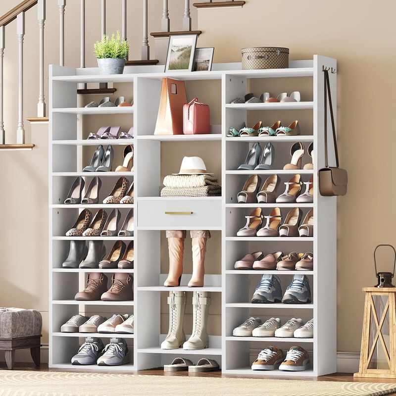 10-Tier Shoe Storage Rack with Fabric Drawer and Wooden Cubbies image number 1