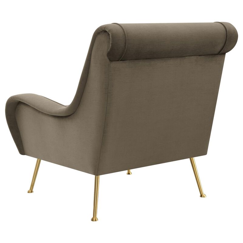Rik 31 Inch Accent Armchair, Metal Legs, Velvet, Truffle Brown and Gold