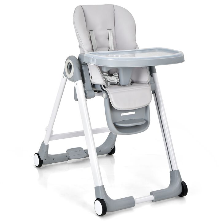 Baby Folding Convertible High Chair with Wheels and Adjustable Height-Gray
