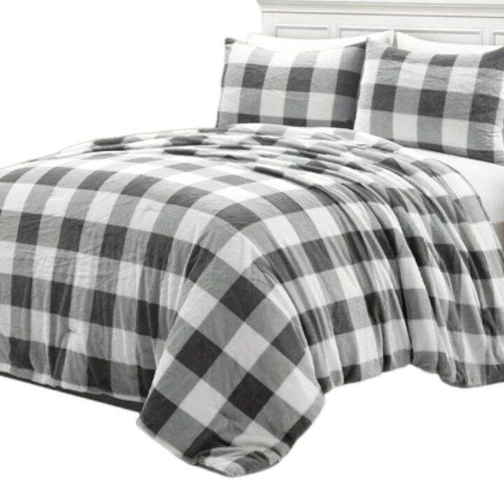 Hivvago Full/Queen Size Plaid Soft Faux Fur Comforter Set in Black White Grey