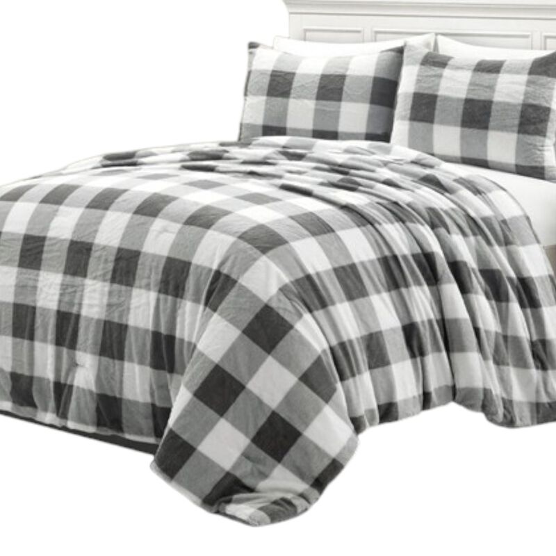 Hivvago Full/Queen Size Plaid Soft Faux Fur Comforter Set in Black White Grey