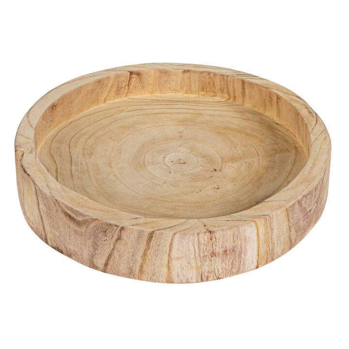 Decorative Hand‑Carved Paulownia Wood Tray Round Accent Display Stand, Natural Finish