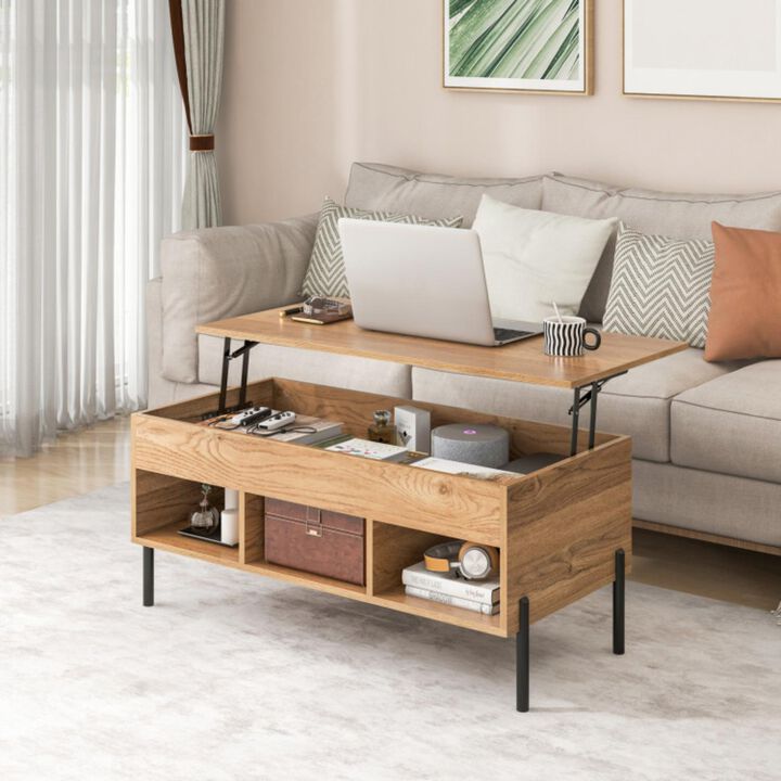 Hivvago Living Room Central Table with Lifting Tabletop and Metal Legs-Natural