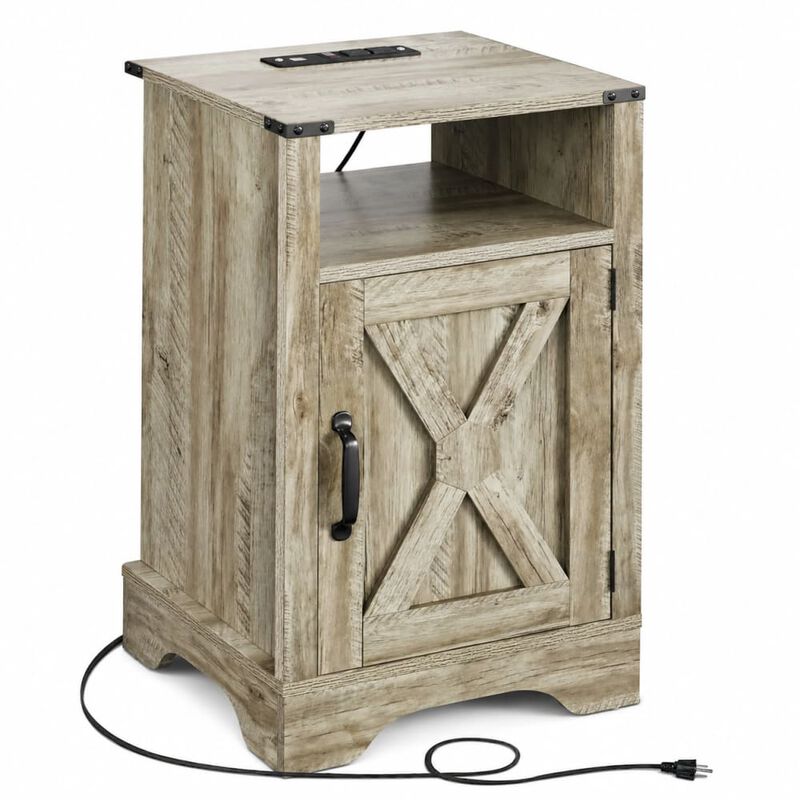 GOODSILO Farmhouse Nightstand with Charging Station, Storage Cabinet and Open Shelf, Compact Side Table for Bedroom Living Room image number 0