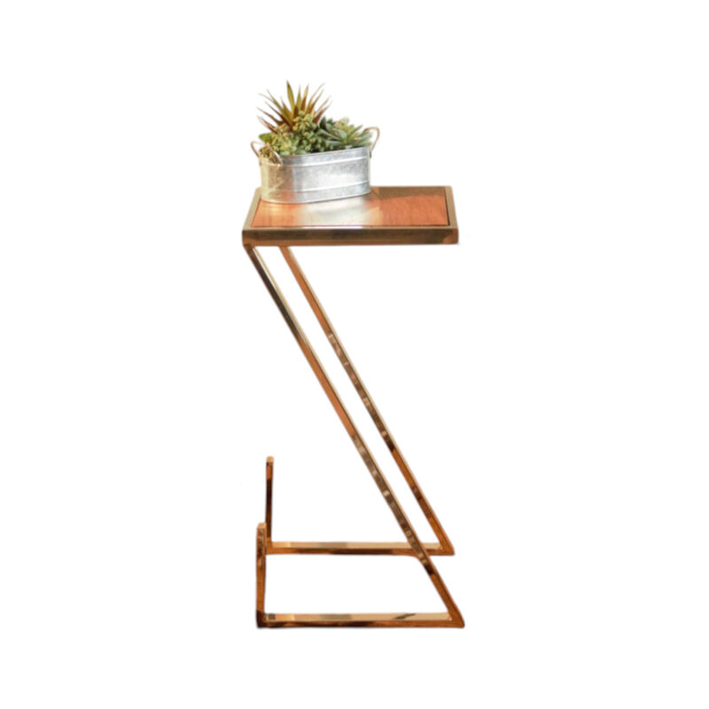 Z-Shaped Wood and Metal Side Table with Modern Asymmetrical Design
