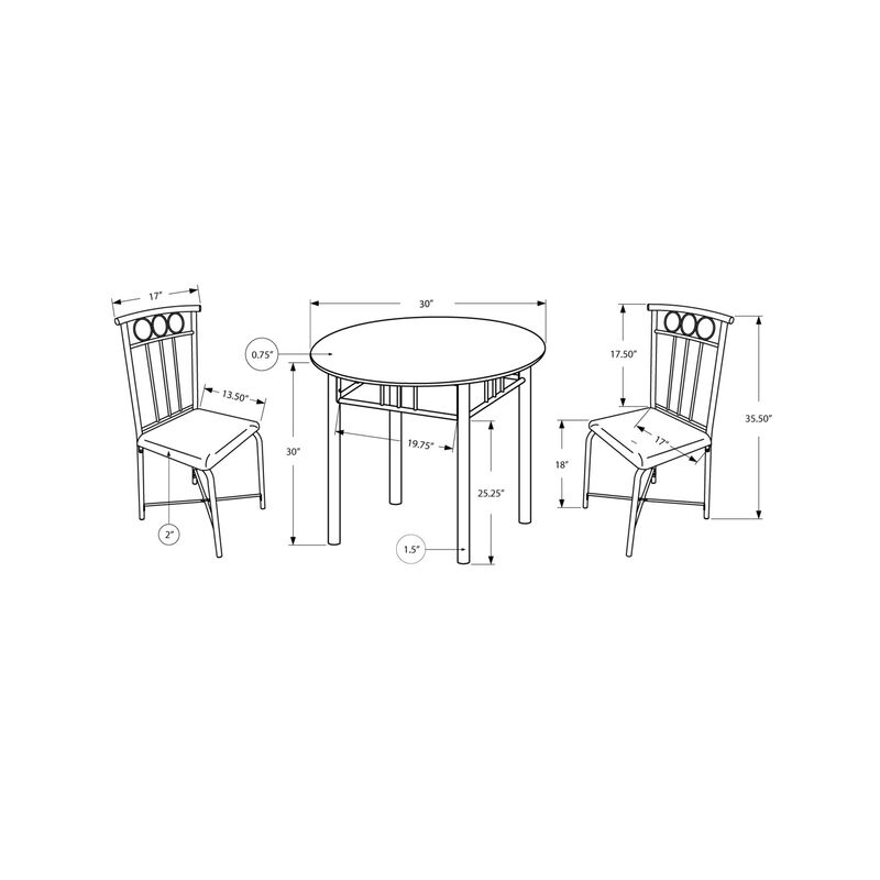 Monarch Specialties I 3045 Dining Table Set, 3pcs Set, Small, 30" Round, Kitchen, Metal, Laminate, Brown Marble Look, Transitional