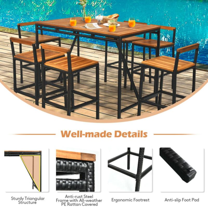 Hivvago 7 Pieces Acacia Wood Patio Rattan Bar Set with Umbrella Hole