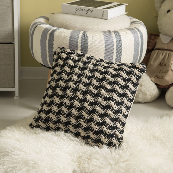 16" Handwoven Cotton Throw Pillow Cover with Small Black & White Chevron Pattern with Filler, Black & White
