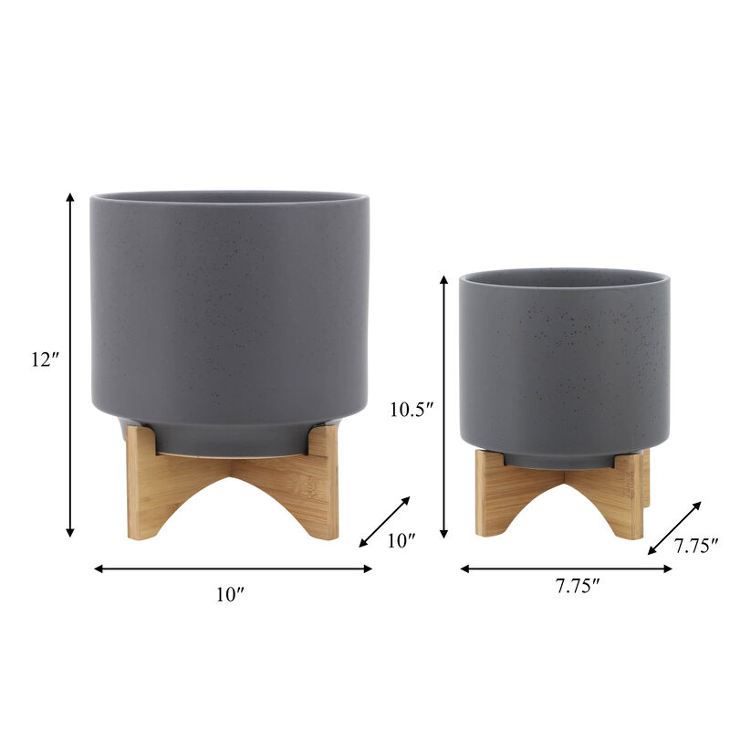 Planter with Wood Stand, Matte Gray