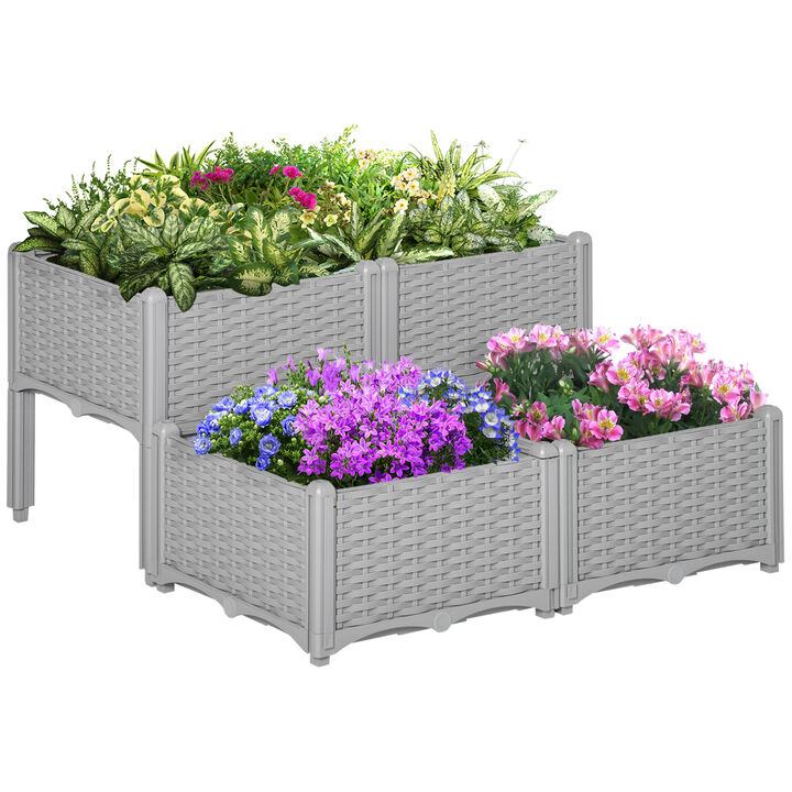 Outsunny 4-Piece Raised Garden Bed with Legs, Self-Watering Planter Box Raised Bed to Grow Flowers, Herbs & Vegetables, Gray