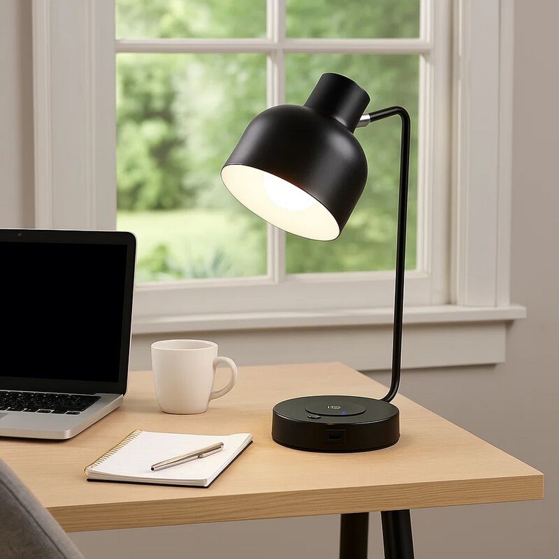15 Inch Metal Table Lamp, Adjustable Shade, Wireless Charging, Black image number 1