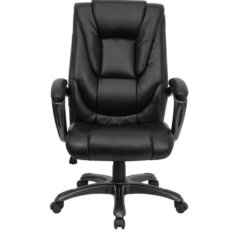 Oma High Back Black LeatherSoft Layered Upholstered Executive Swivel Ergonomic Office Chair with Smoke Metal Base and Arms image number 7