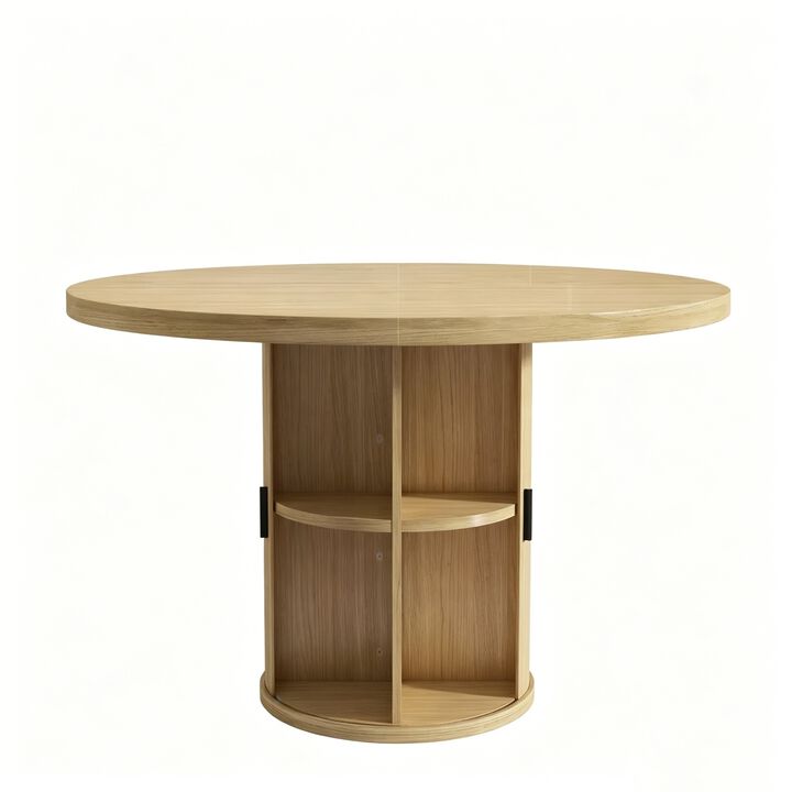 Vipbear 35.43" Round Dining Table for 4, Modern Wooden Kitchen Table with Built-in Storage Shelves