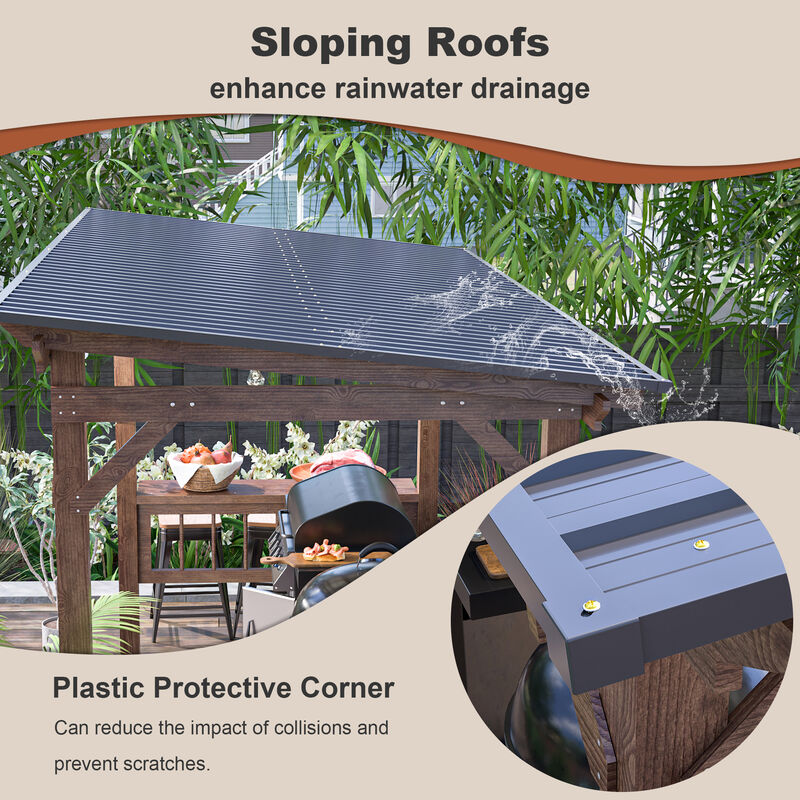 13' x 6.5' Wooden Pergola Grill Gazebo with Metal Roof & Bulbs & Bar Counters image number 6