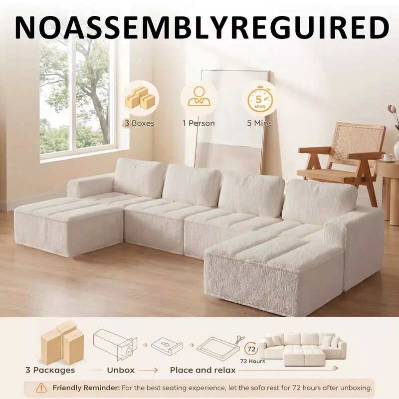 Vipbear 145.6" Modular U-Shaped Cloud Sectional Sofa, Fluffy Teddy Fabric Convertible Couch image number 6