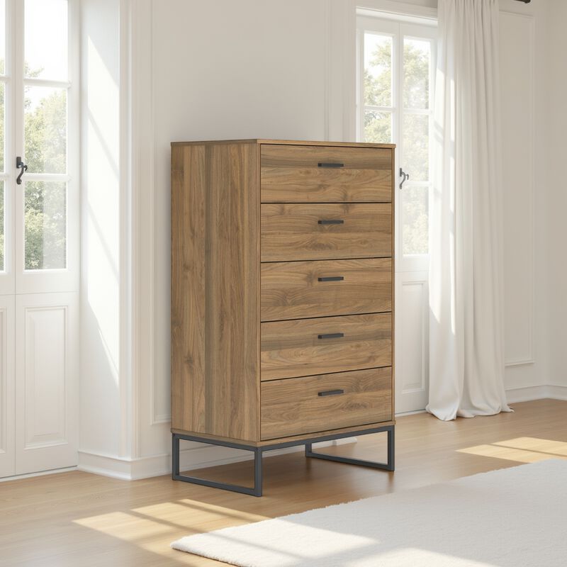 Deana Tall Dresser Chest, 5 Drawers, Brown Wood, Black Metal, 51 Inch