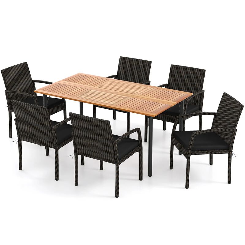 Mondawe 7 Pcs Patio Dining Set,Acacia Wood Table with 2.16" Umbrella Hole & 6 Cushioned Armchairs