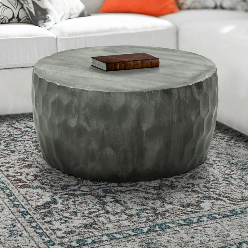 Val 34 Inch Handcrafted Mango Wood Coffee Table, Hammered Round Drum Shape, Honeycomb, Rustic Gray