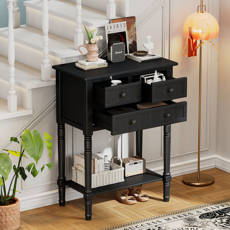 Whisen Narrow Console Table with Three Storage Drawers and Bottom Shelf - Black