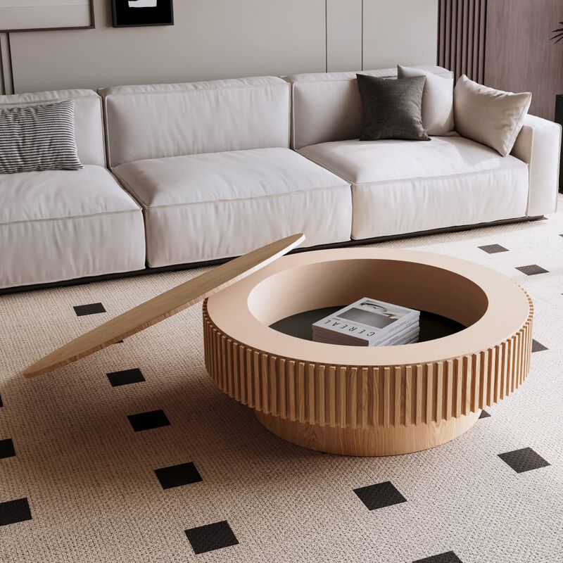 Round coffee table with storage Solid wood veneer and MDF coffee table with fluted base Modern accent coffee table for living room image number 1