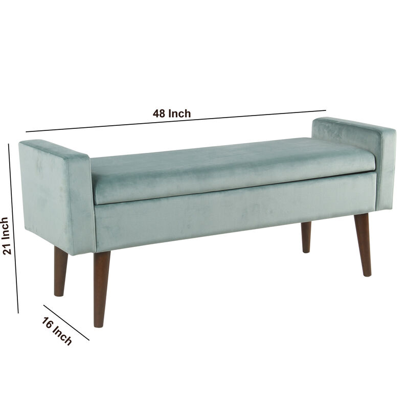 Velvet Upholstered Wooden Bench with Lift Top Storage and Tapered Feet, Aqua Blue - Benzara