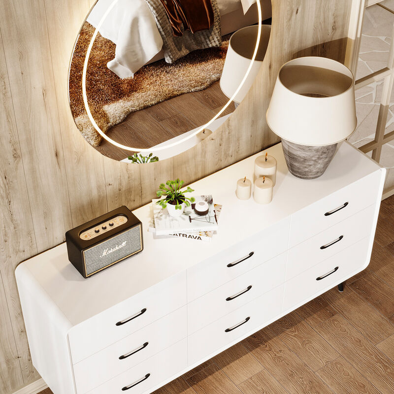 FUFU&GAGA Modern 9-Drawer Dresser, White Storage Dresser with Black Handles & Legs, Wooden Chest of Drawers, (63" W x 30.7" H x 15.7" D),White