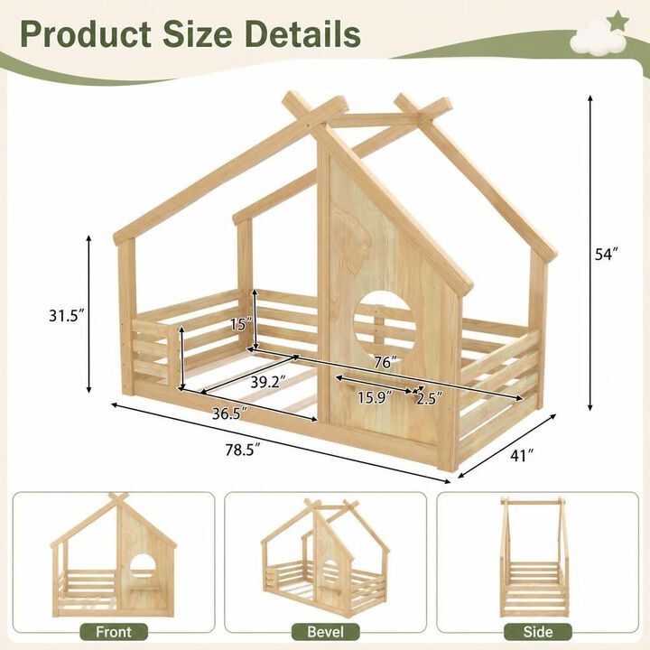 GOODSILO Twin Size House Shaped Floor Bed With Built-In Decorative Window And Storage Shelf, Sturdy Solid Wood Frame No Box Spring Required