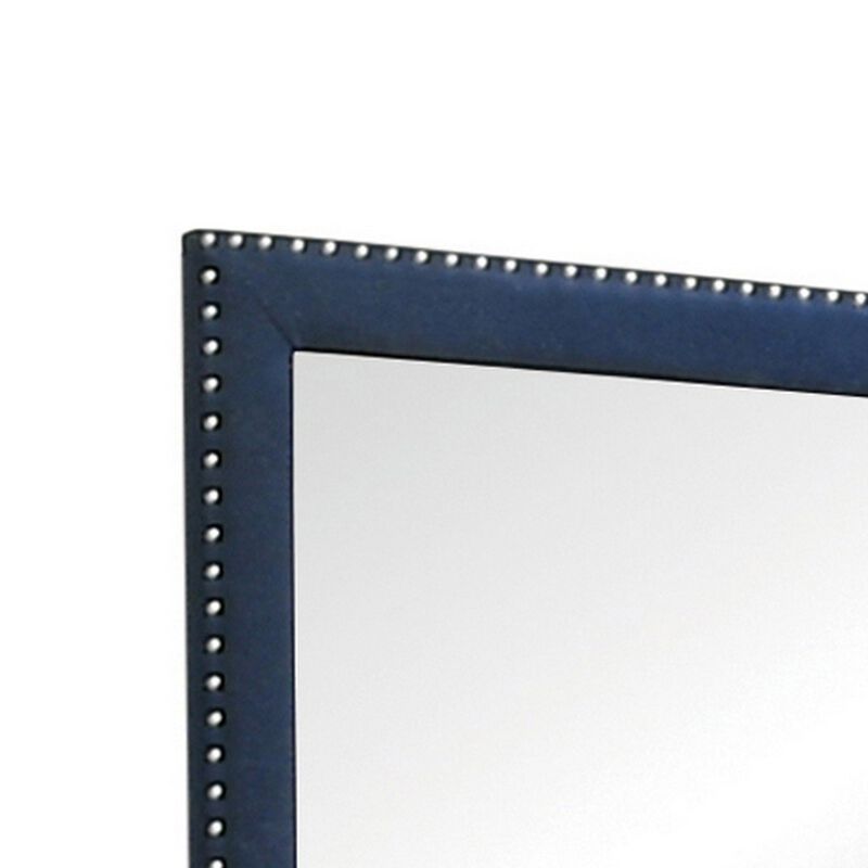 Cale 40 Inch Modern Glam Portrait Mirror, Nailhead, Blue Velvet Upholstered - Benzara