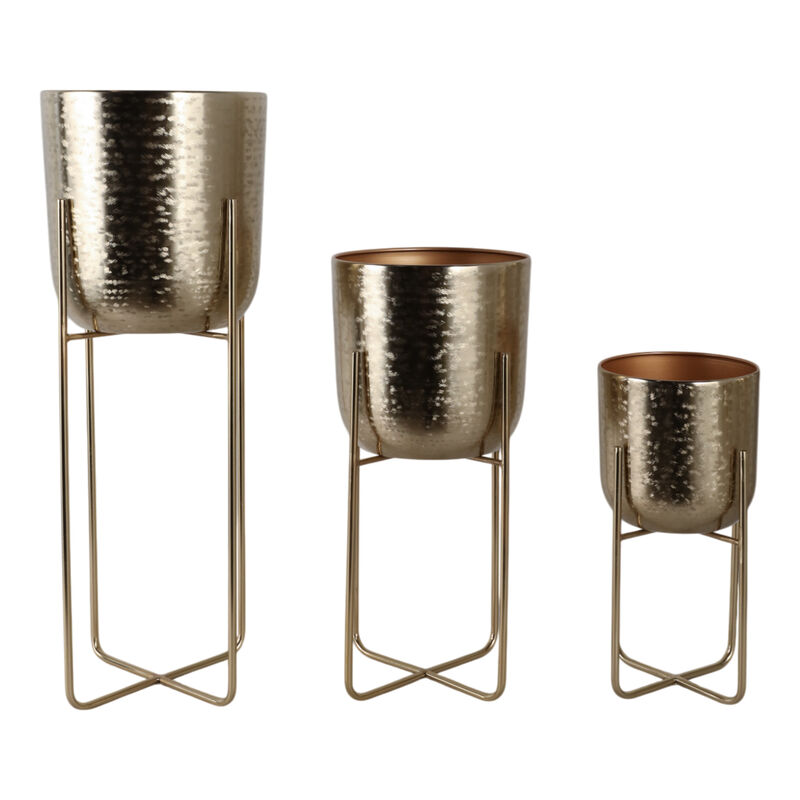 S/3 15/20/27" Etched Metal Planter On Stand, Gold image number 2