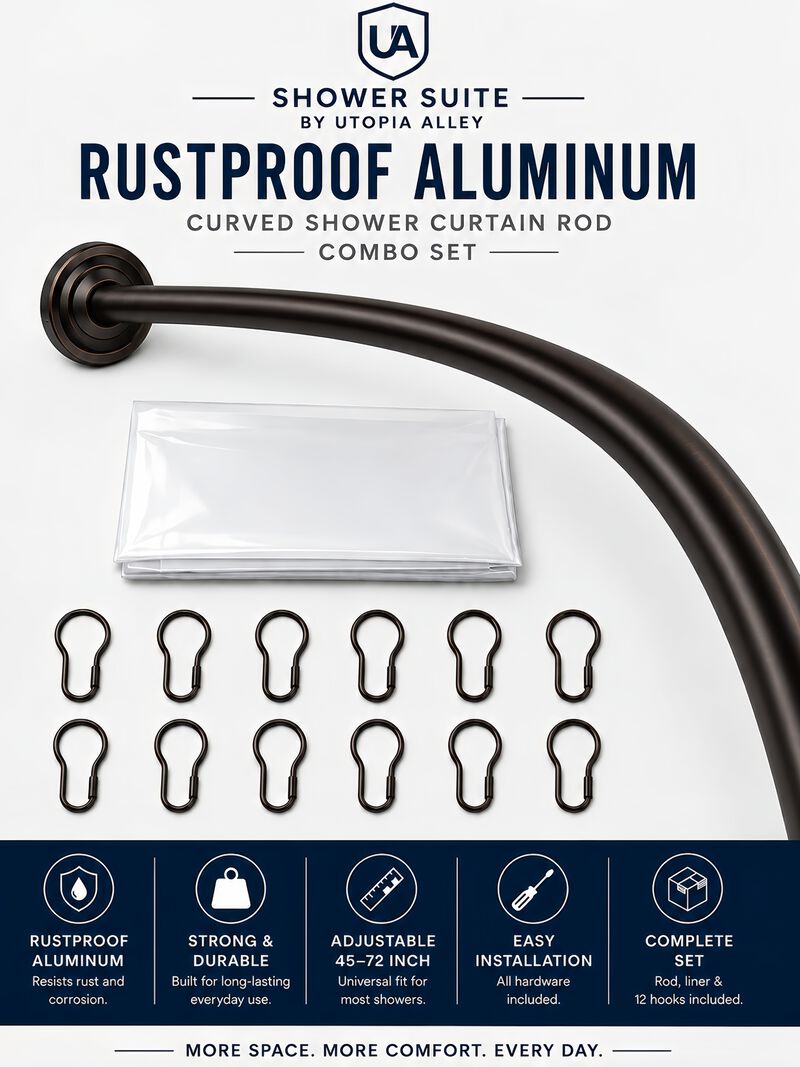 Shower Suite by Utopia Alley &ndash; Rustproof Aluminum Curved Shower Curtain Rod Combo Set with Liner & 12 Hooks, Adjustable 45&ndash;72 Inch Wall Mount Rod image number 1