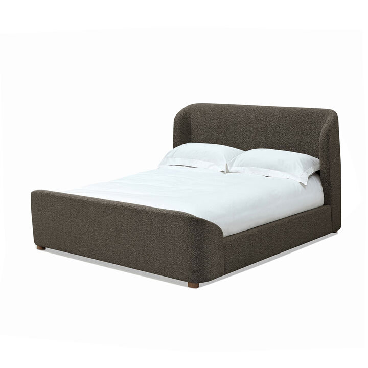 Keni Queen Size Platform Bed, Soft Brown Boucle Upholstery, Curved Design - Benzara