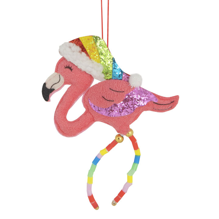 7.5" Pink Plush Flamingo with Rainbow Santa Hat Christmas Ornament