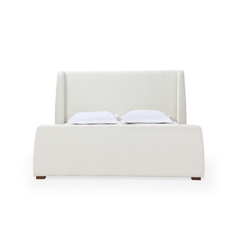 Mosi Queen Platform Bed, Wingback Headboard, White Boucle Fabric Upholstery - Benzara