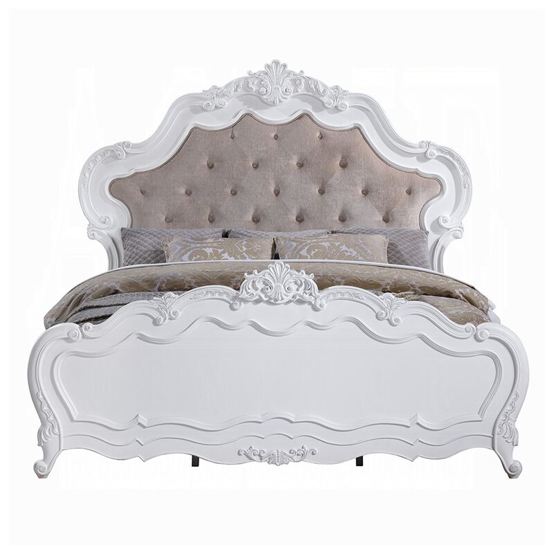 Tisha King Bed, Tufted Dark Beige Chenille Upholstery w White Traditional Design image number 2