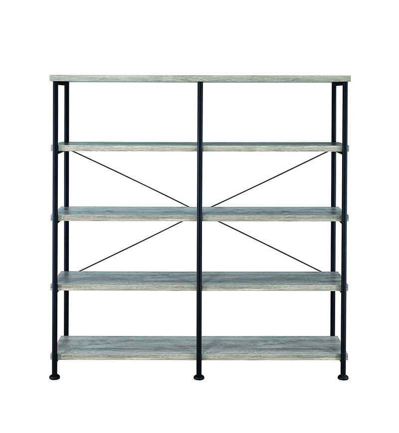63 Inch Industrial 4 Tier Bookshelf, Particleboard, Metal Frame, Gray, Black-Benzara