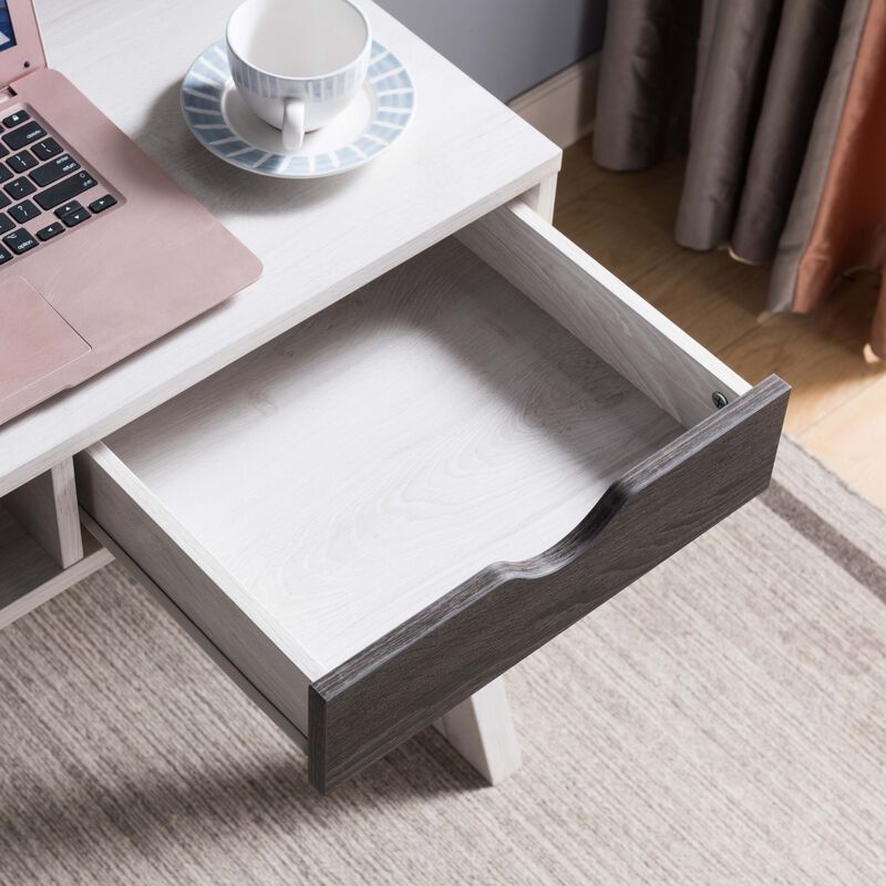 White Oak & Distressed Grey Home Office Desk with Lifted Shelf and USB/Power Outlet