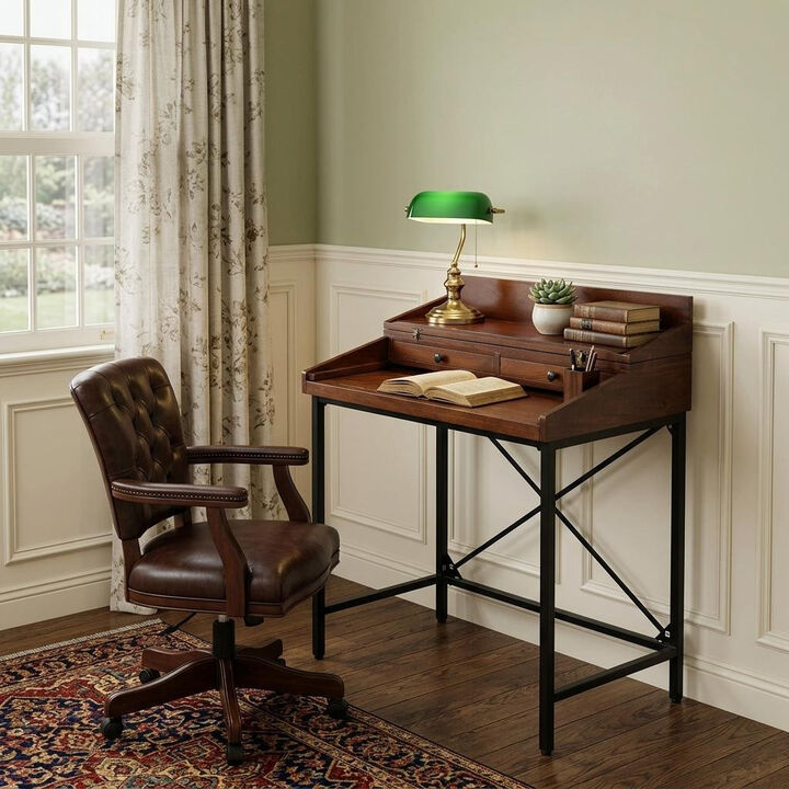 HomeRoots 31" Chestnut and Black Solid Wood and Iron Writing Desk With Two Drawers