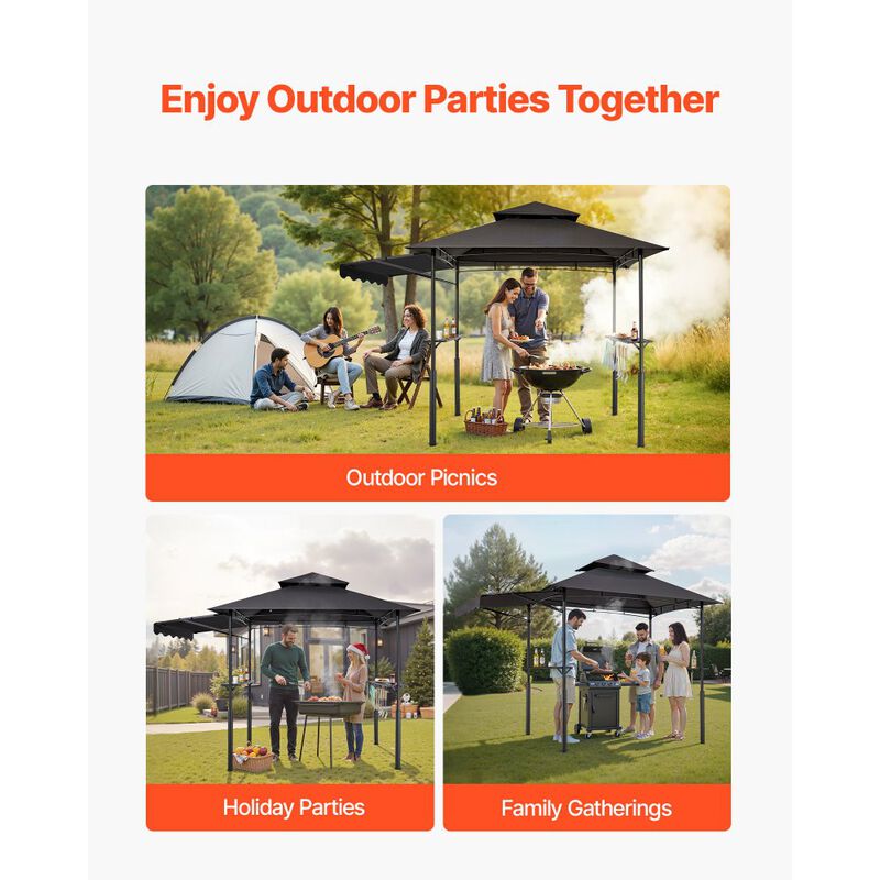 Outdoor BBQ Gazebo with Double-Tier Roof, Steel Grill Shelter, Side Shelves and Hanging Hooks-Dark Grey image number 2