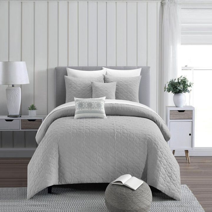 NY&C Home Davina 5 Piece Comforter Set Geometric Hexagonal Pattern Design Bedding - Decorative Pillows Shams Included, King, Grey