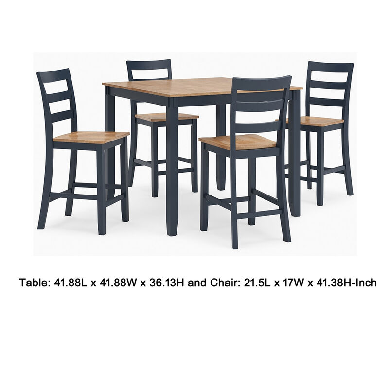 Gasy Counter Height Dining Table Set, 4 Chairs, Blue and Brown Wood - Benzara
