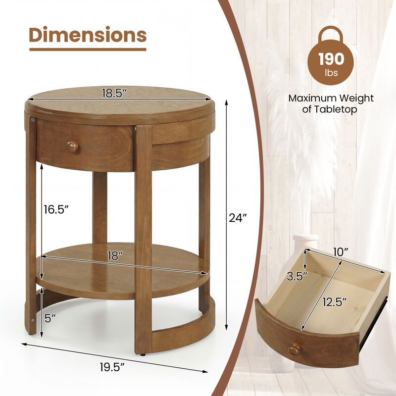 Mid Century Style 2-Tier Round End Table Compact Side Table with Open Storage Shelf-Oak image number 2
