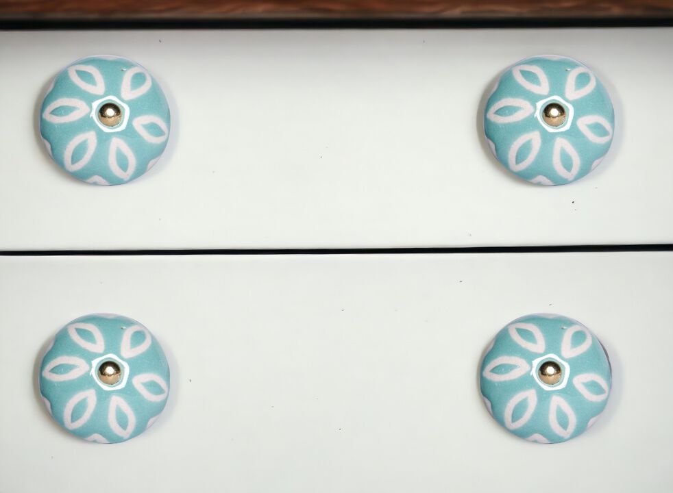 HomeRoots Set of Eight Turquoise And White Ceramic And Metal Drawer Pull Knobs