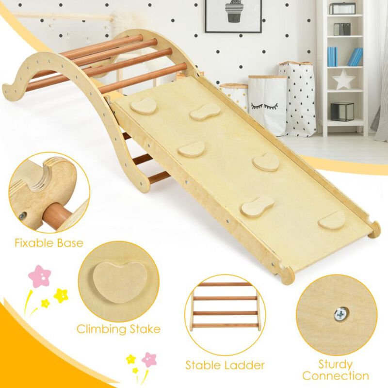 Hivvago 3-in-1 Kids Wooden Arch Triangle Rocker Climber Set with Ramp and Mat