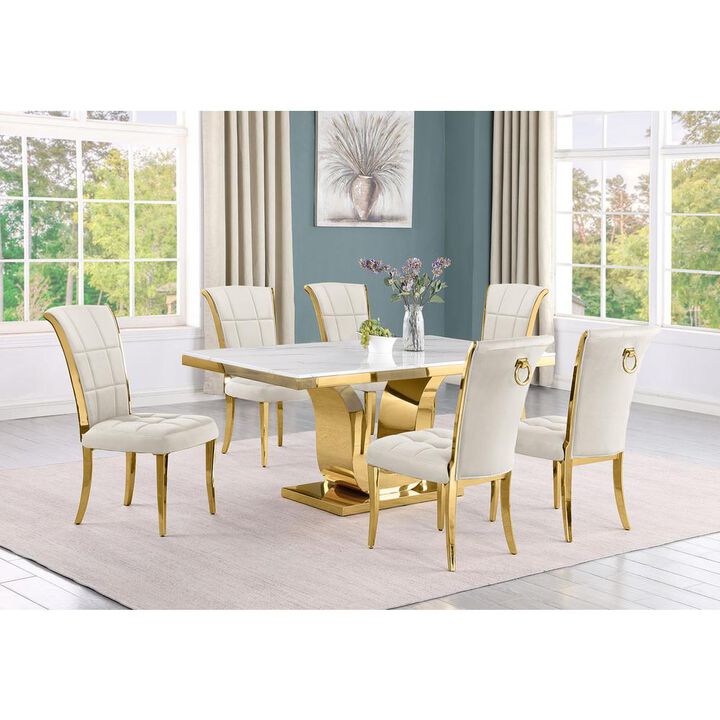 7pc Small(66") marble top dining set with gold base and 6 Cream side chairs