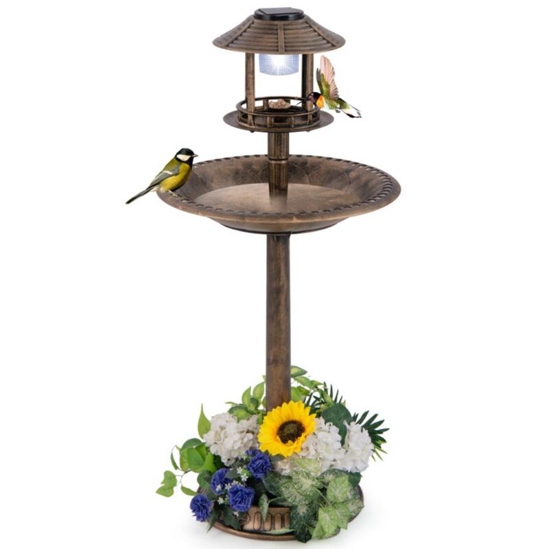 Hivvago Pedestal Bird Bath with Solar Light with Bird Feeder and Flower Planter