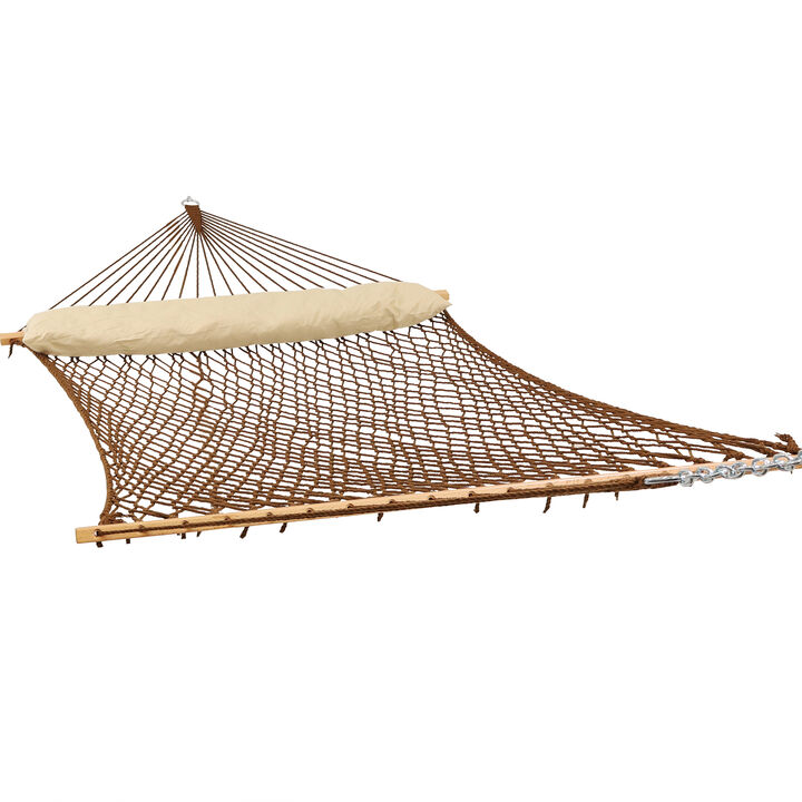 Sunnydaze Large Polyester Rope Hammock with Spreader Bar and Pillow - Brown